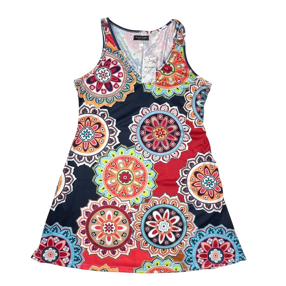 Suvimuga NWT Womens Mandala Print V-Neck Sleeveless A-Line Mini Dress Multicolor